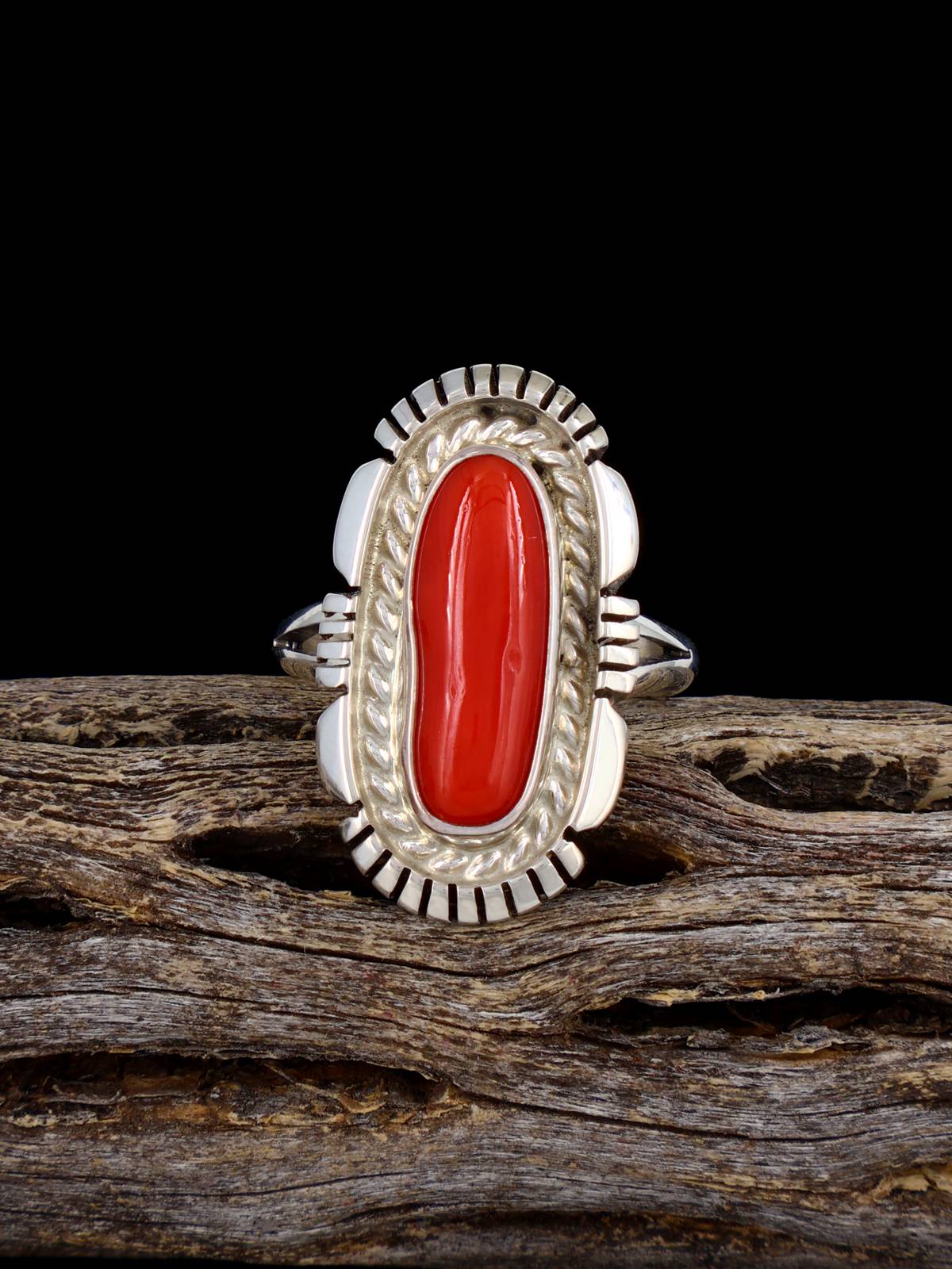 Navajo Red Coral Sterling Silver Ring, Size 6
