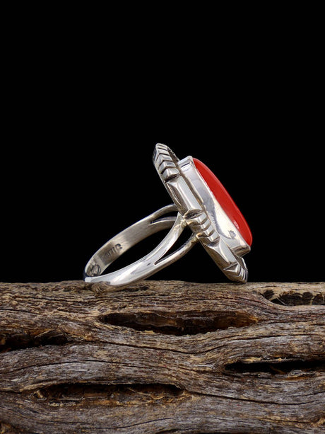 Navajo Red Coral Sterling Silver Ring, Size 6