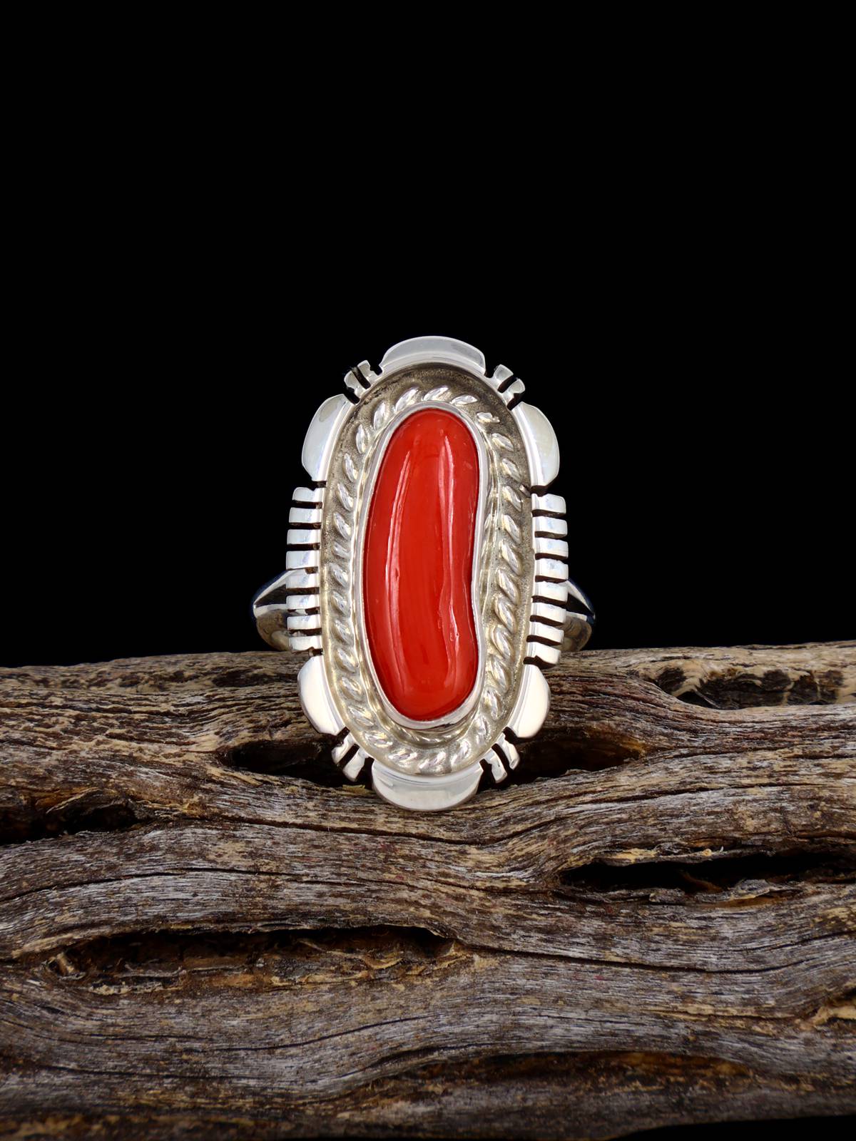 Navajo Red Coral Sterling Silver Ring, Size 5 1/2