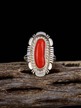 Navajo Red Coral Sterling Silver Ring, Size 5 1/2