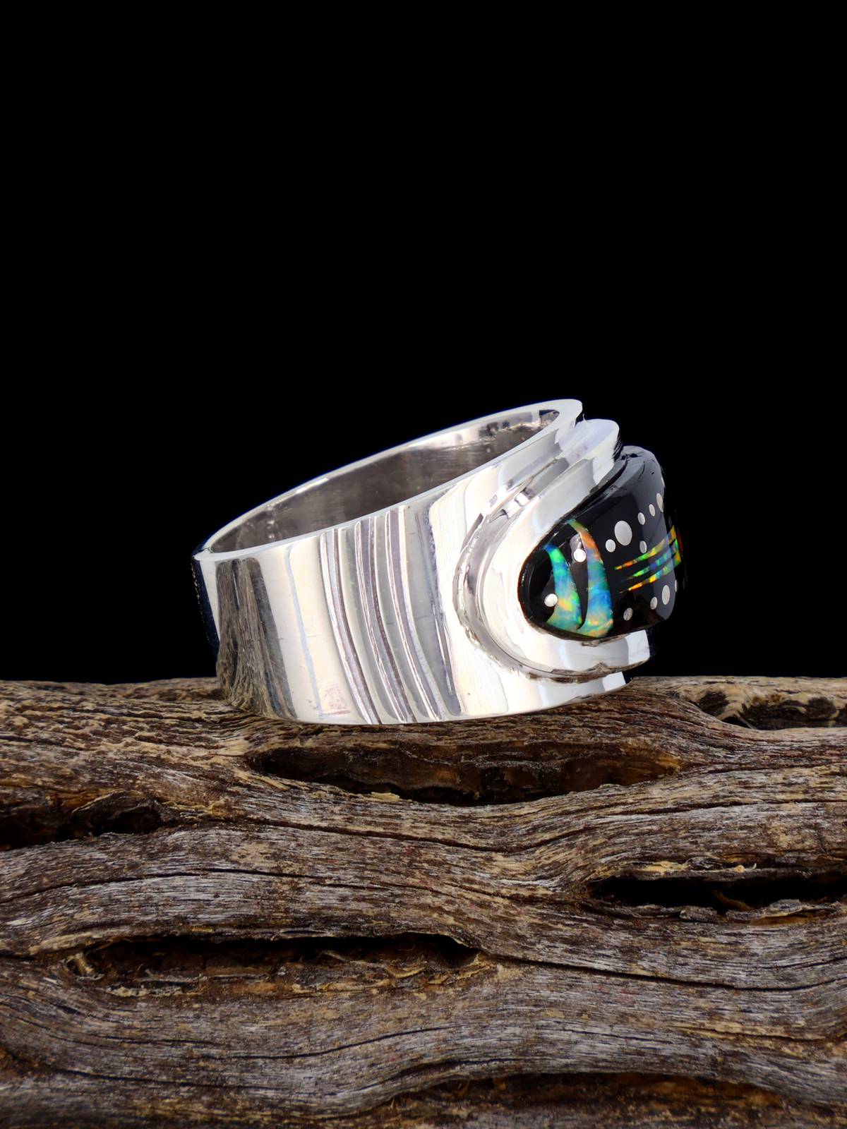 Black Jade and Opalite Night Sky Inlay Ring Size 9 1/4