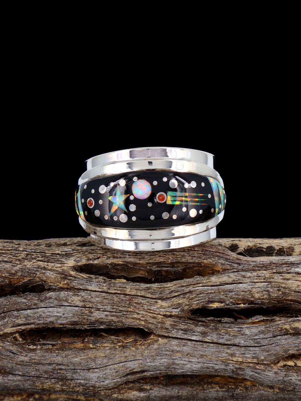 Black Jade and Opalite Night Sky Inlay Ring Size 7 1/2