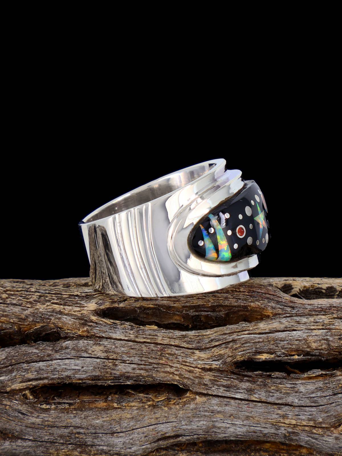 Black Jade and Opalite Night Sky Inlay Ring Size 7 1/2