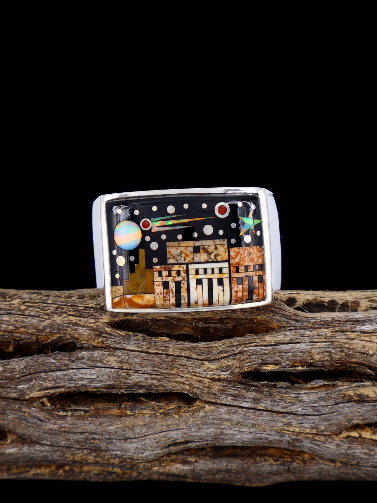 Black Jade and Opalite Night Sky Pueblo Scene Inlay Ring Size 13 1/4