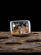 Black Jade and Opalite Night Sky Pueblo Scene Inlay Ring Size 13 1/4