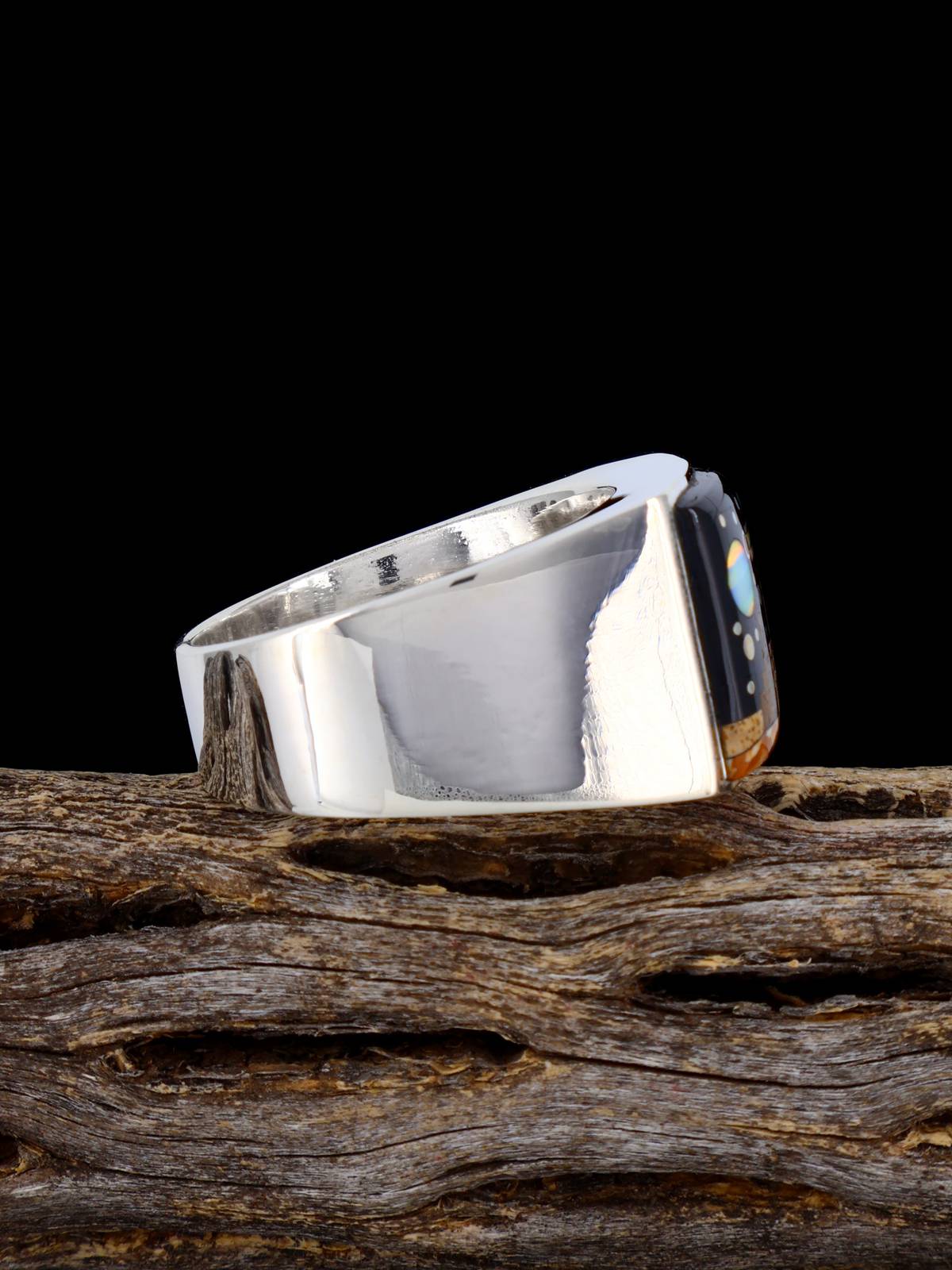 Black Jade and Opalite Night Sky Pueblo Scene Inlay Ring Size 13 1/4
