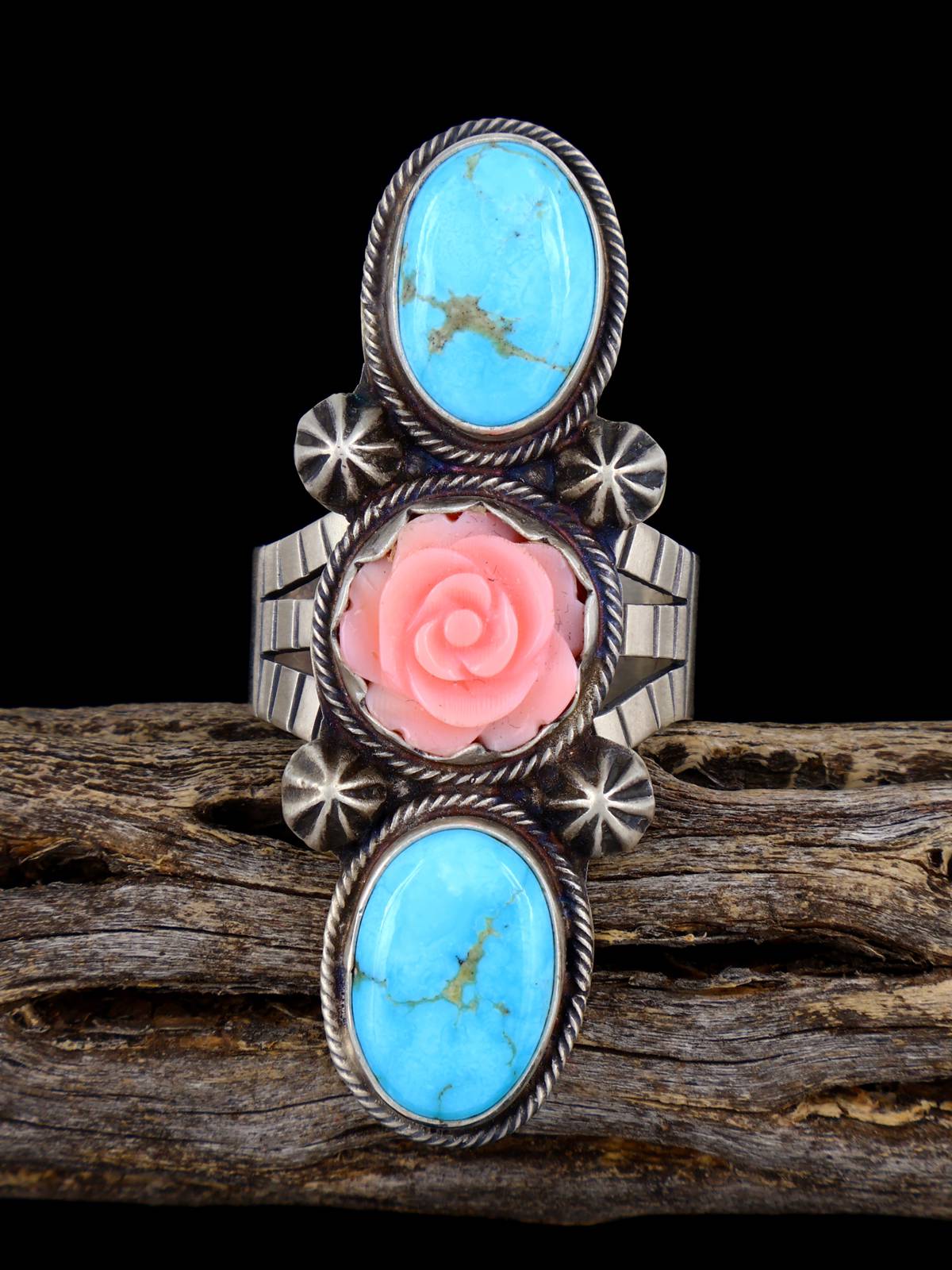 Navajo Pink Conch Rose and Turquoise Ring, Size 11 1/2
