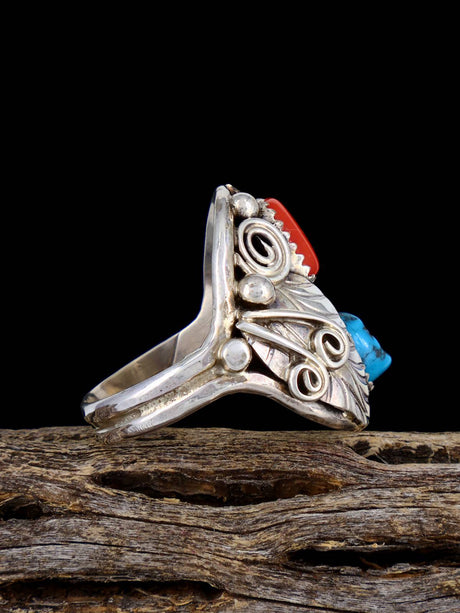 Navajo Turquoise and Coral Sterling Silver Ring, Size 10