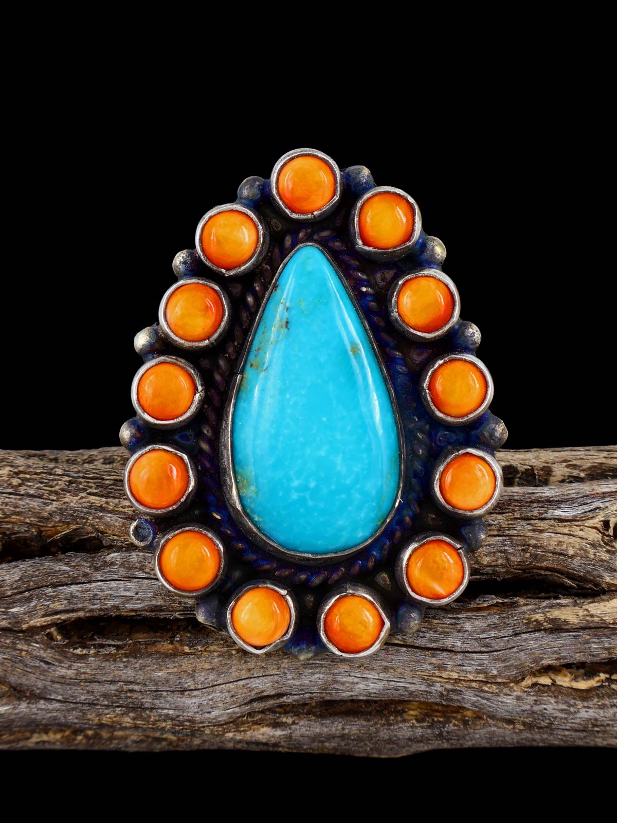 Navajo Turquoise and Spiny Oyster Cluster Ring, Size 9
