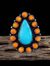 Navajo Turquoise and Spiny Oyster Cluster Ring, Size 9