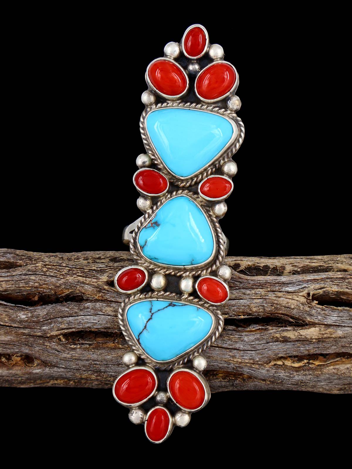 Bague amérindienne corail et turquoise, taille 8 1/4