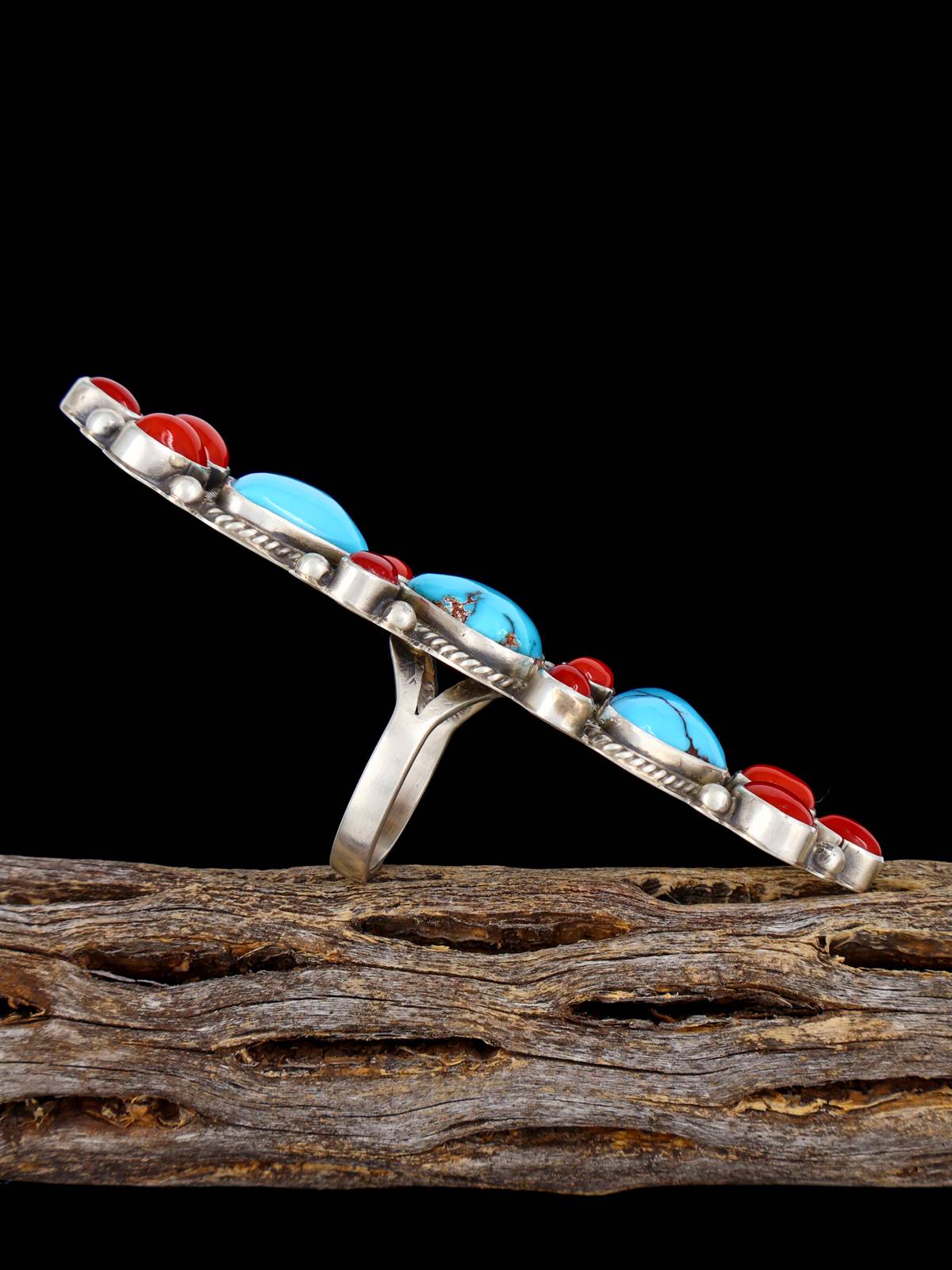 Bague amérindienne corail et turquoise, taille 8 1/4