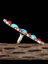 Bague amérindienne corail et turquoise, taille 8 1/4