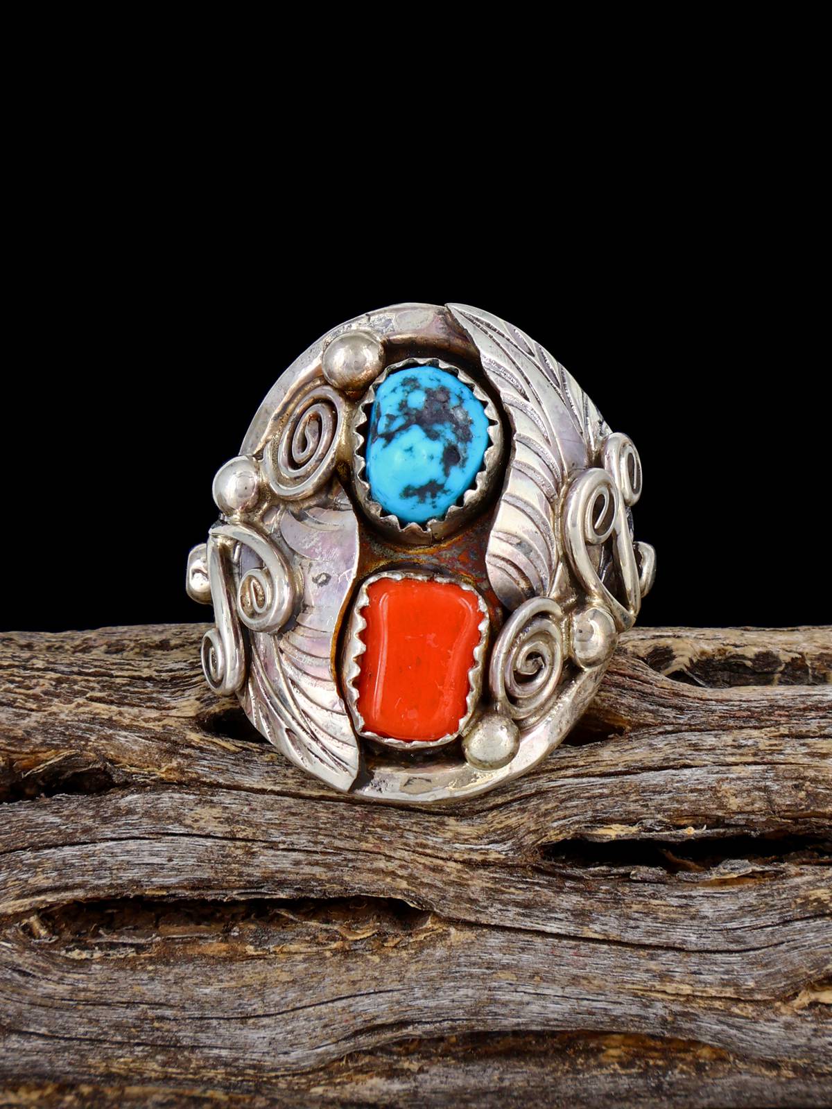 Navajo Turquoise and Coral Sterling Silver Ring, Size 10