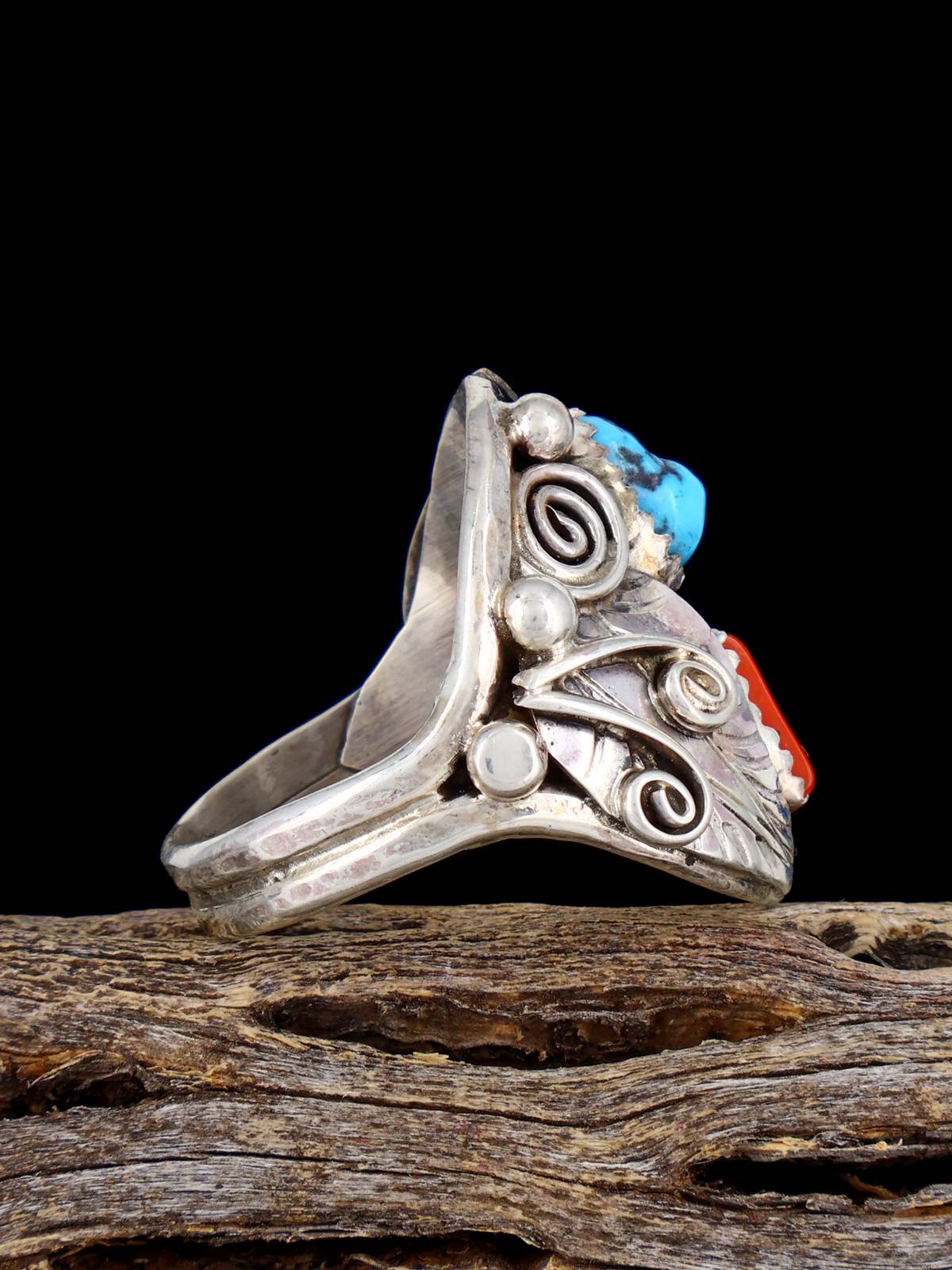 Navajo Turquoise and Coral Sterling Silver Ring, Size 10