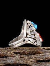 Navajo Turquoise and Coral Sterling Silver Ring, Size 10