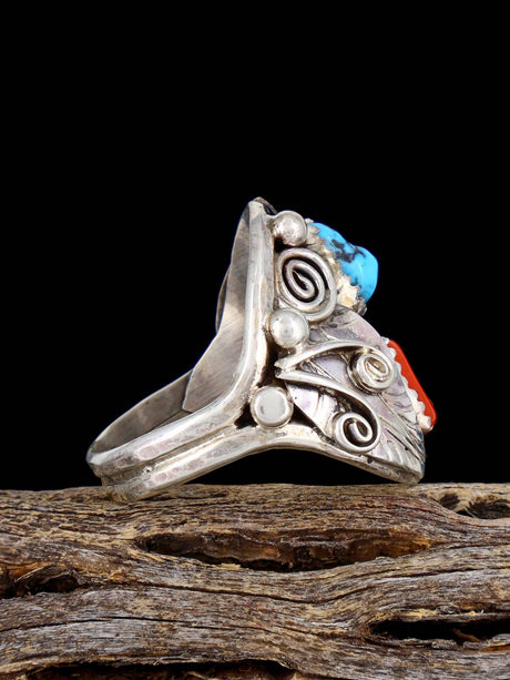 Navajo Turquoise and Coral Sterling Silver Ring, Size 10