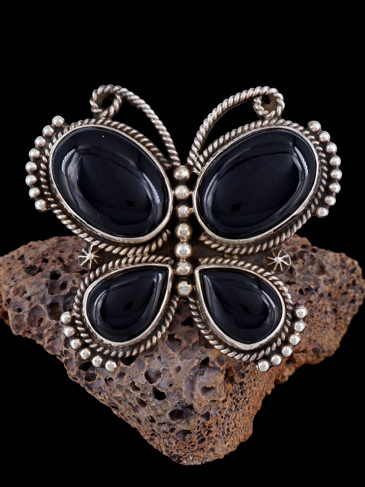 Large Navajo Black Onyx Butterfly Sterling Silver Ring, Size 9