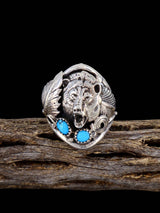 Navajo Turquoise Sterling Silver Bear Ring, Size 12 - PuebloDirect.com