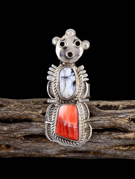 Navajo White Buffalo and Spiny Oyster Mudhead Kachina Ring, Size 7 1/2 - PuebloDirect.com