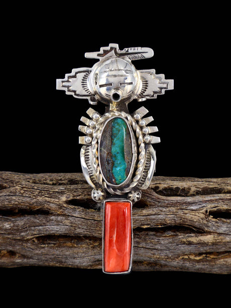 Navajo Turquoise and Spiny Oyster Kachina Ring, Size 7 1/2 - PuebloDirect.com