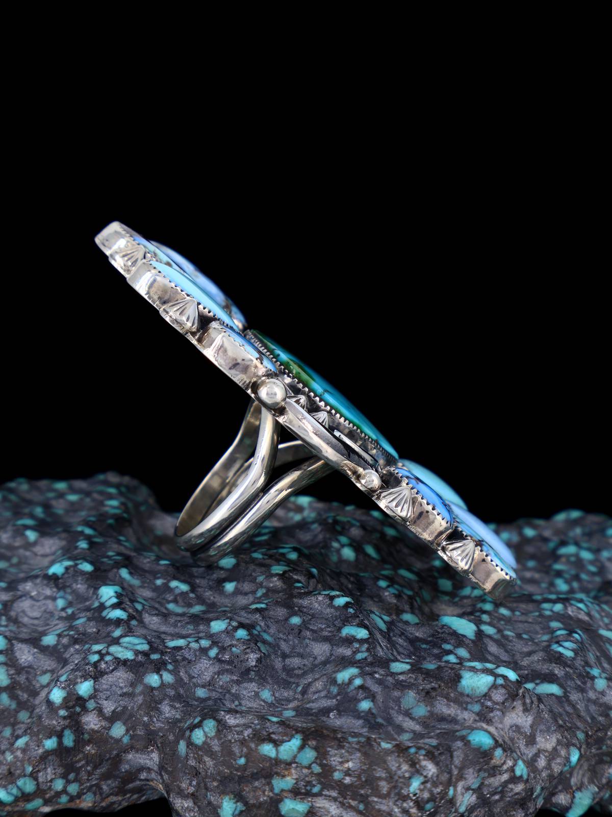 LARGE Navajo Sterling Silver Turquoise Cluster Ring, Size 8 1/2 - PuebloDirect.com