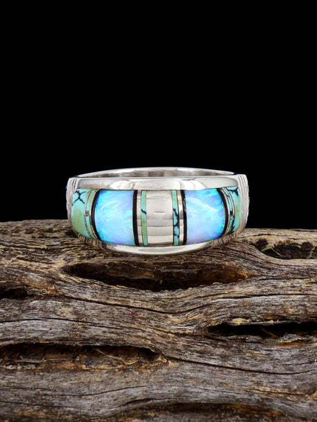 Navajo Turquoise and Opalite Inlay Ring, Size 9 3/4 - PuebloDirect.com