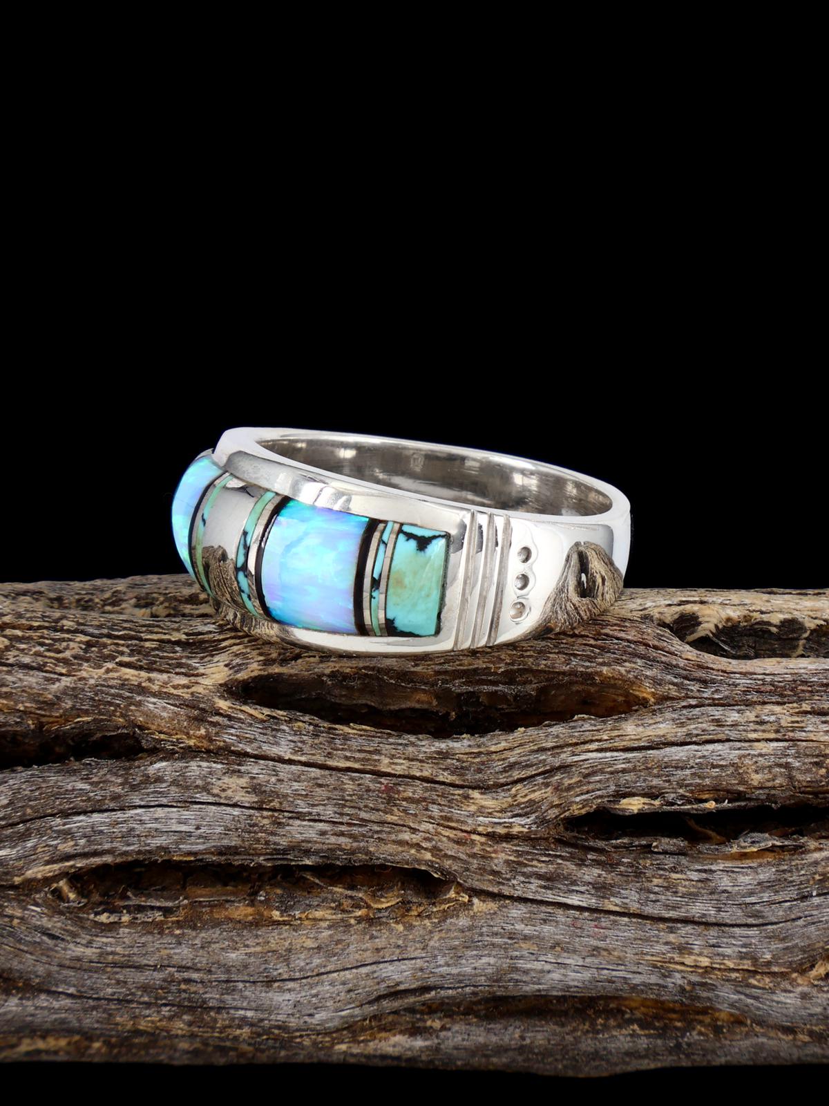 Navajo Turquoise and Opalite Inlay Ring, Size 9 3/4 - PuebloDirect.com