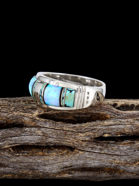 Navajo Turquoise and Opalite Inlay Ring, Size 9 3/4 - PuebloDirect.com