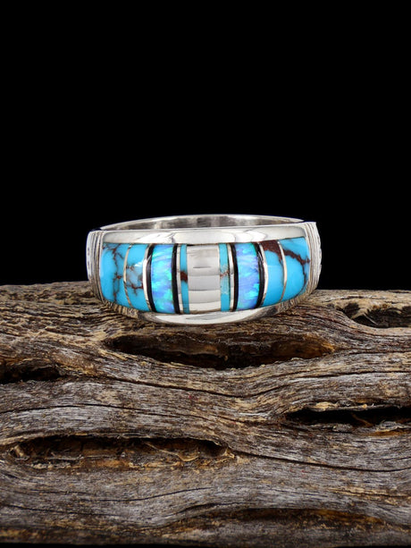 Navajo Turquoise and Opalite Inlay Ring, Size 10 3/4 - PuebloDirect.com