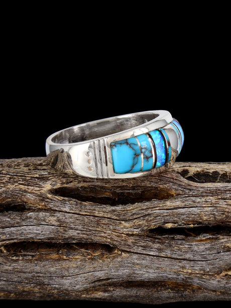 Navajo Turquoise and Opalite Inlay Ring, Size 10 3/4 - PuebloDirect.com