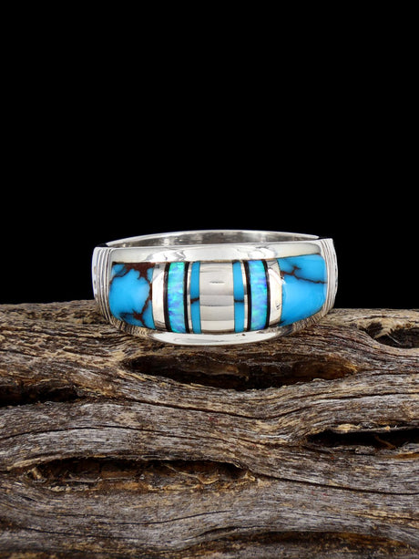 Navajo Turquoise and Opalite Inlay Ring, Size 11 1/2 - PuebloDirect.com