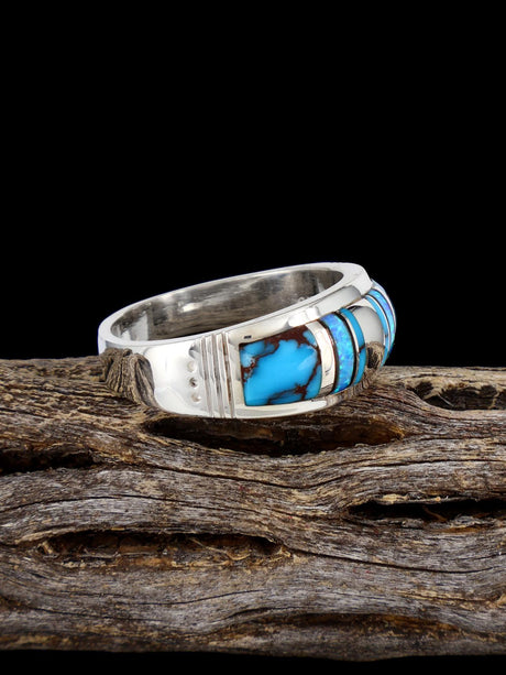 Navajo Turquoise and Opalite Inlay Ring, Size 11 1/2 - PuebloDirect.com
