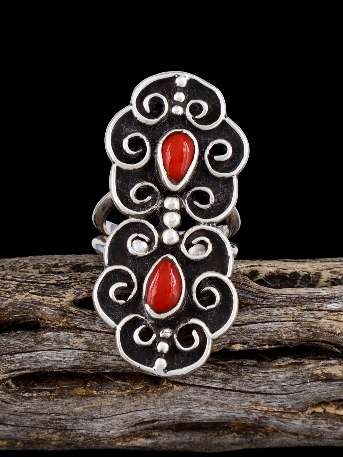 Old Sterling Silver Coral Ring, Size 6 - PuebloDirect.com
