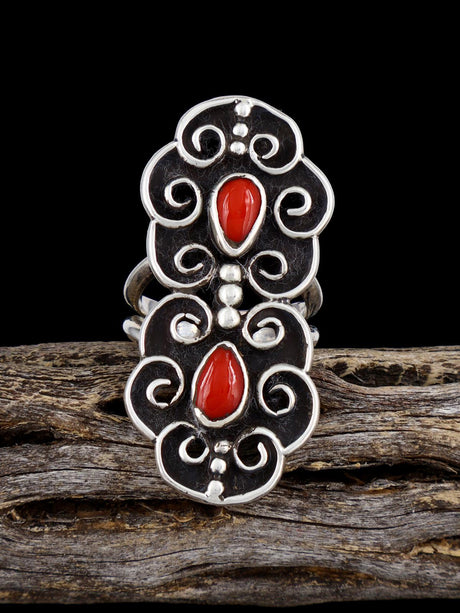 Old Sterling Silver Coral Ring, Size 6 - PuebloDirect.com