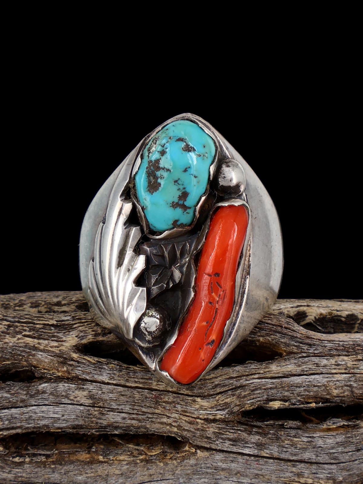 Estate Sterling Silver Coral and Royston Turquoise Ring, Size 10 3/4 - PuebloDirect.com