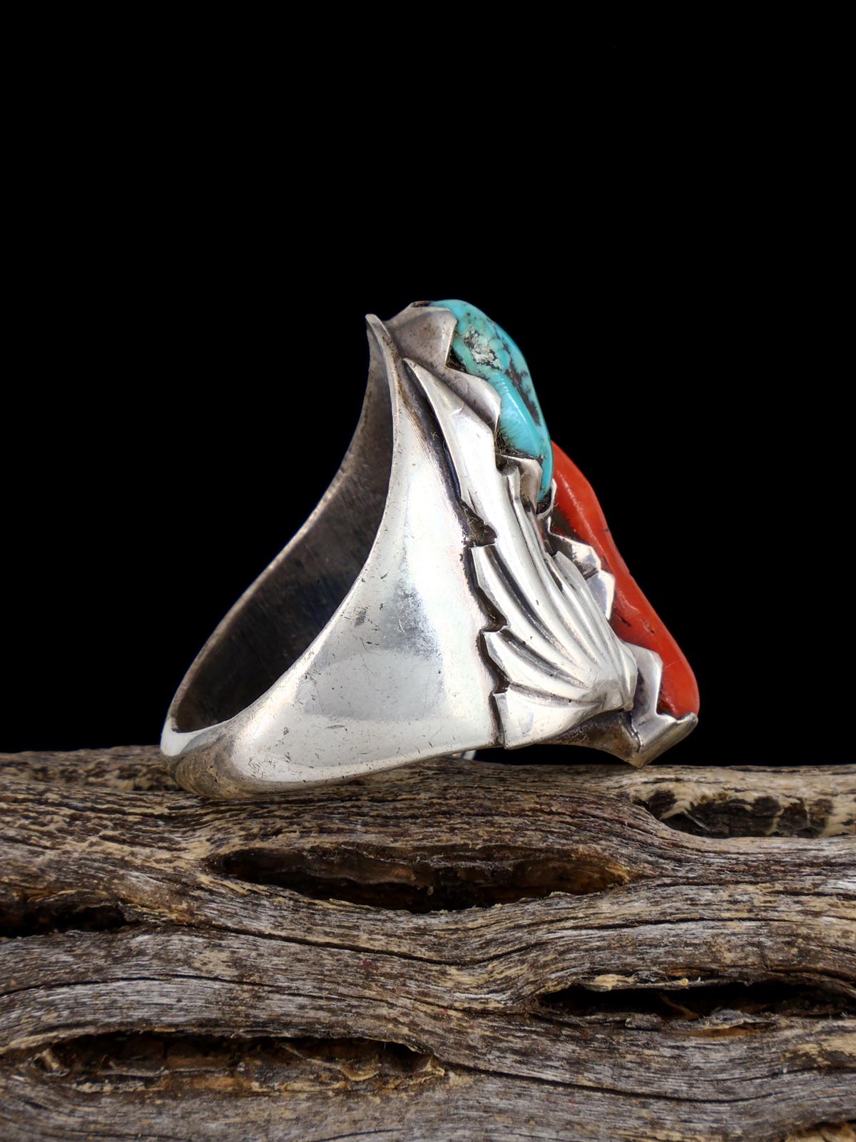 Estate Sterling Silver Coral and Royston Turquoise Ring, Size 10 3/4 - PuebloDirect.com