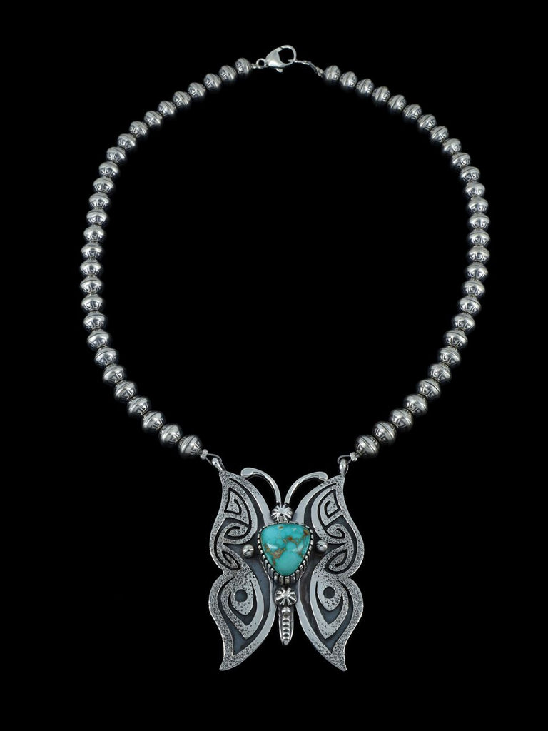 Native American Sterling Silver Natural Carico Lake Turquoise Butterfly Necklace - PuebloDirect.com