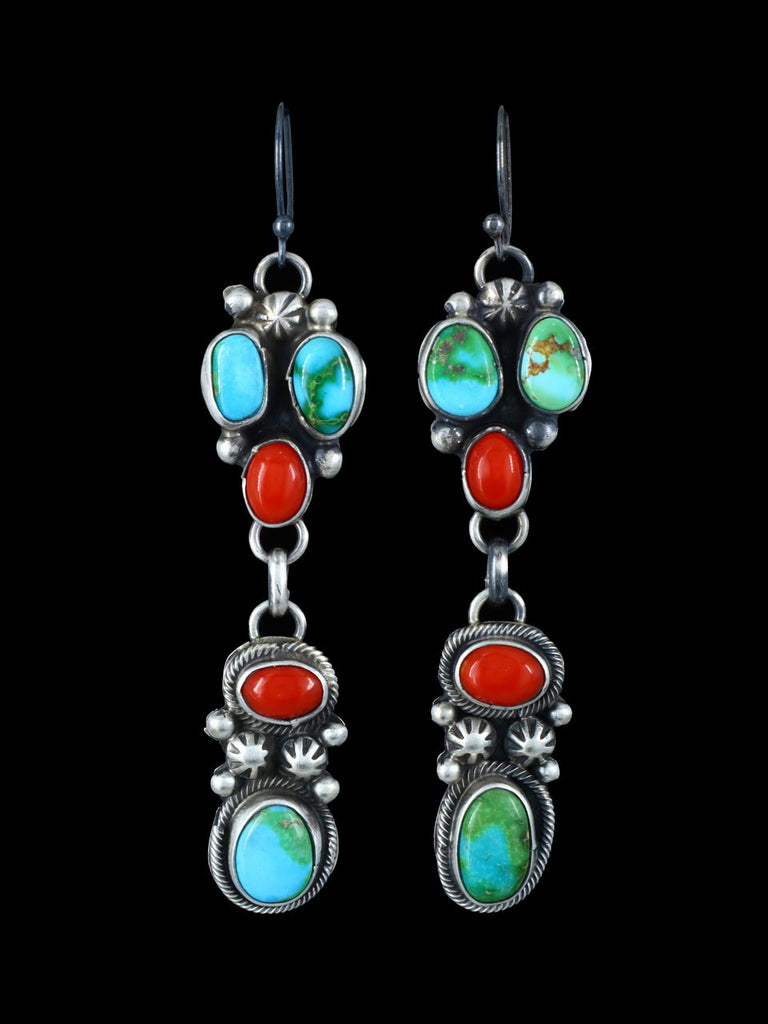 Navajo Sonoran Gold Turquoise and Coral Dangle Earrings - PuebloDirect.com