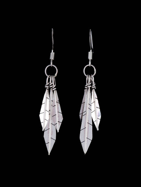 Navajo Sterling Silver Triple Feather Dangle Earrings - PuebloDirect.com