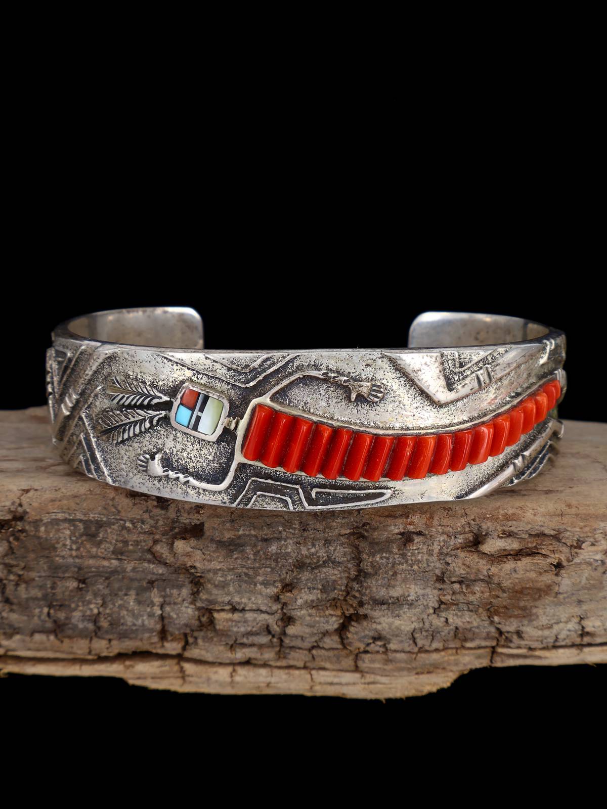 Vintage Estate Navajo Inlay Sterling Silver Cuff Bracelet - PuebloDirect.com