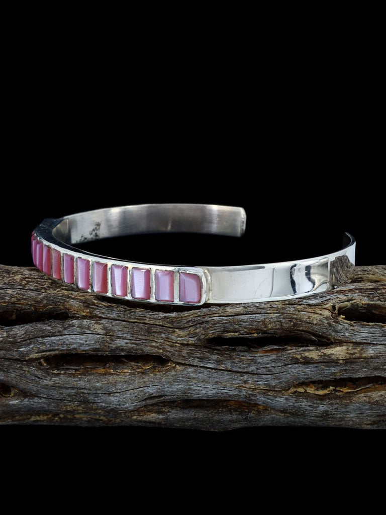 Native American Sterling Pink Shell Inlay Cuff Bracelet - PuebloDirect.com