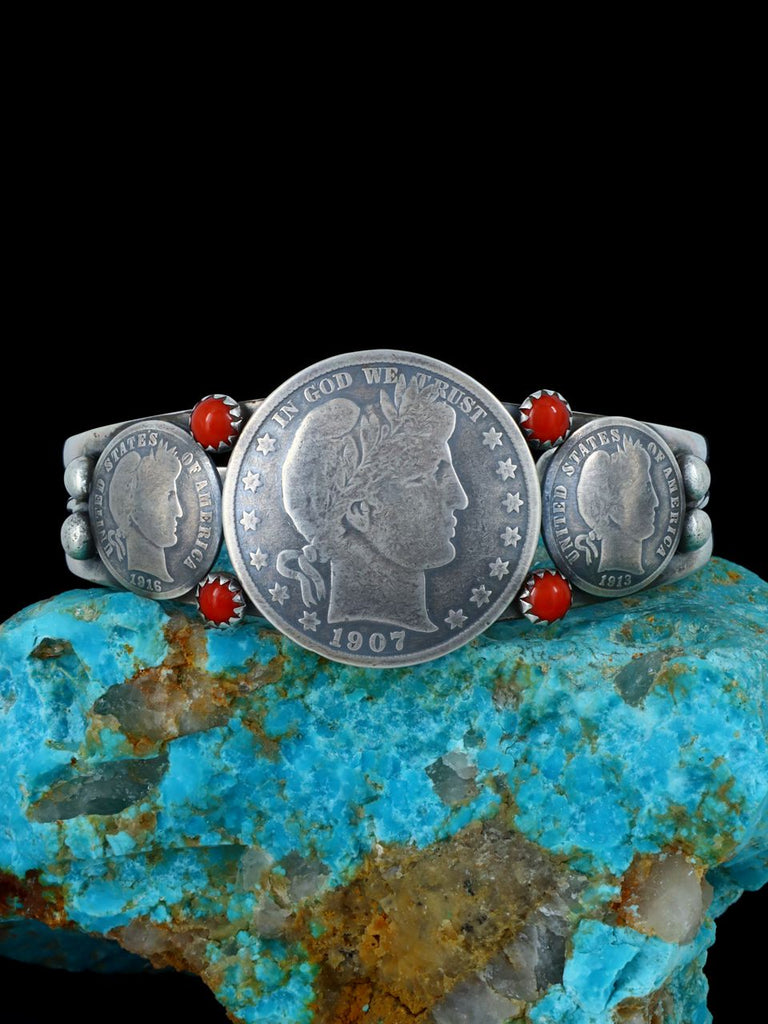 Native American Sterling Silver Coral Barber Half Dollar Cuff Bracelet - PuebloDirect.com