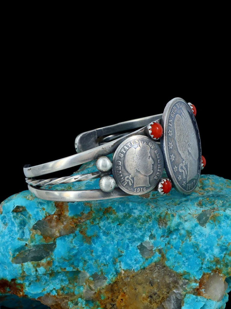 Native American Sterling Silver Coral Barber Half Dollar Cuff Bracelet - PuebloDirect.com