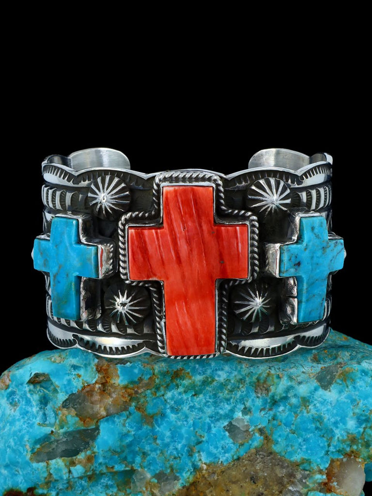 Native American Indian Jewelry Sterling Silver Spiny Oyster and Kingman Turquoise Cross Bracelet - PuebloDirect.com