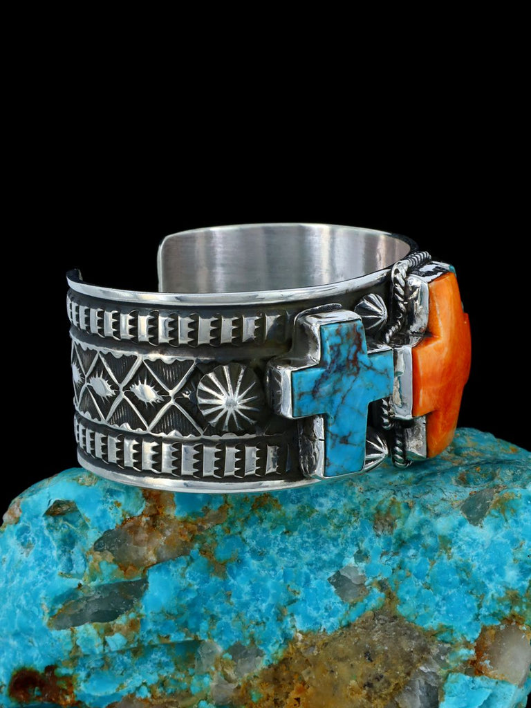 Native American Indian Jewelry Sterling Silver Spiny Oyster and Kingman Turquoise Cross Bracelet - PuebloDirect.com