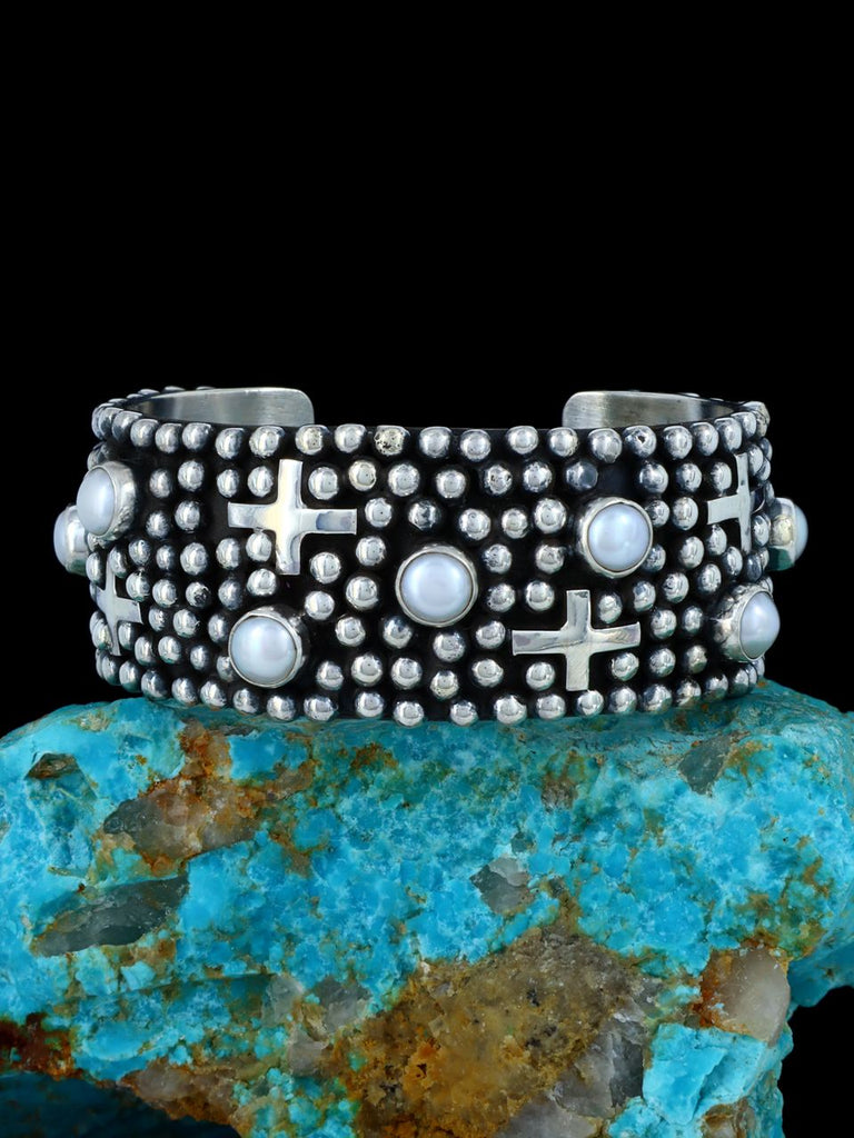 Native American Jewelry Sterling Silver Cultured Pearl Cuff Bracelet - PuebloDirect.com