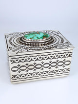 Navajo Sterling Silver Natural Royston Turquoise Stamped Jewelry Box - PuebloDirect.com