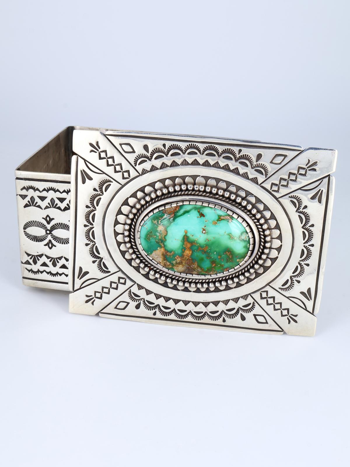 Navajo Sterling Silver Natural Royston Turquoise Stamped Jewelry Box - PuebloDirect.com