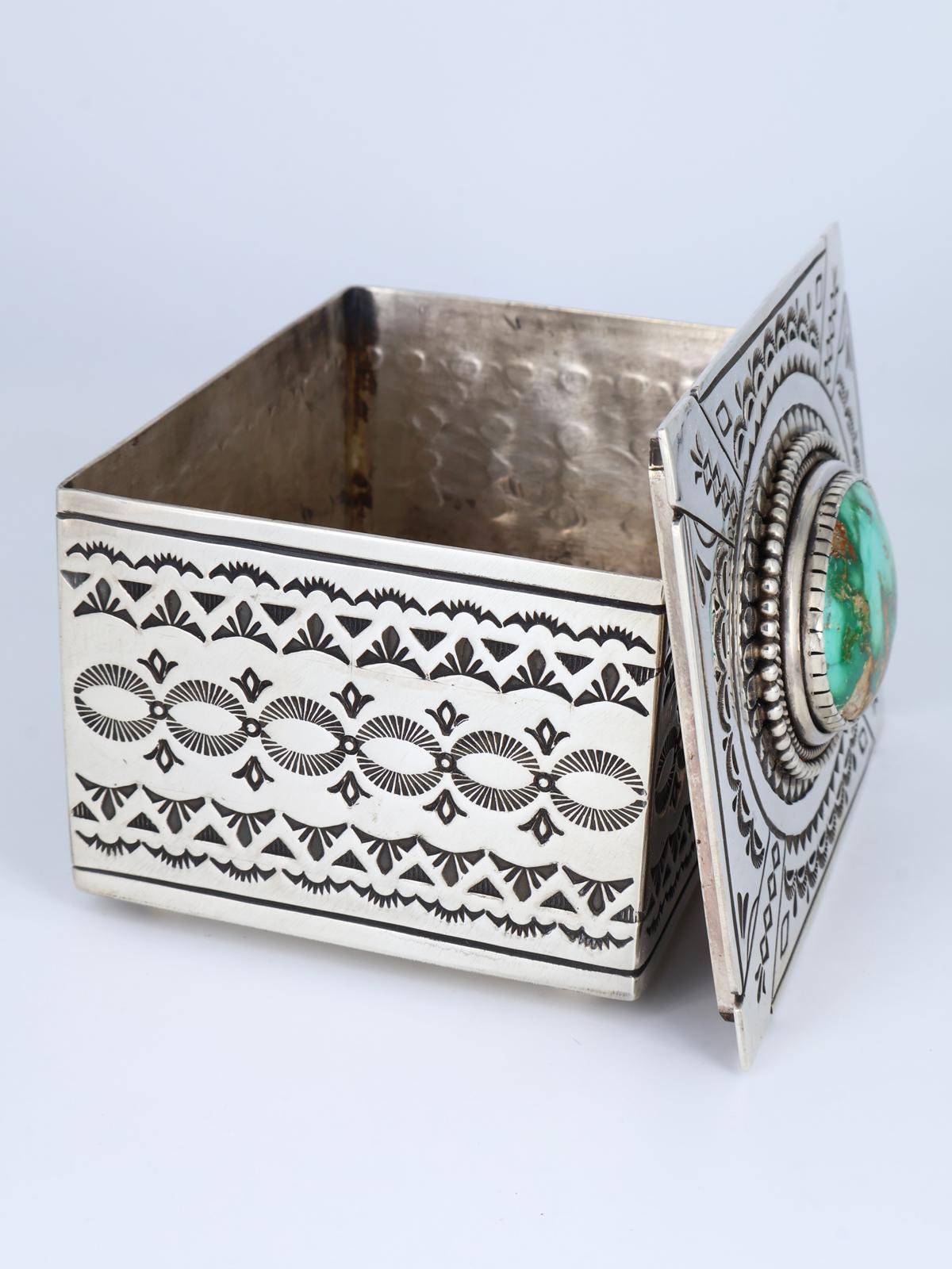Navajo Sterling Silver Natural Royston Turquoise Stamped Jewelry Box - PuebloDirect.com